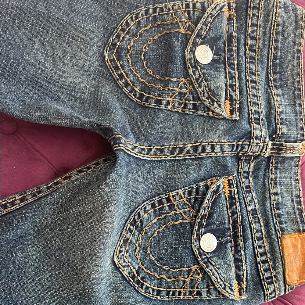 True Religion Women’s Blue Boot Cut Jeans with Contrast Stitching Sz 30